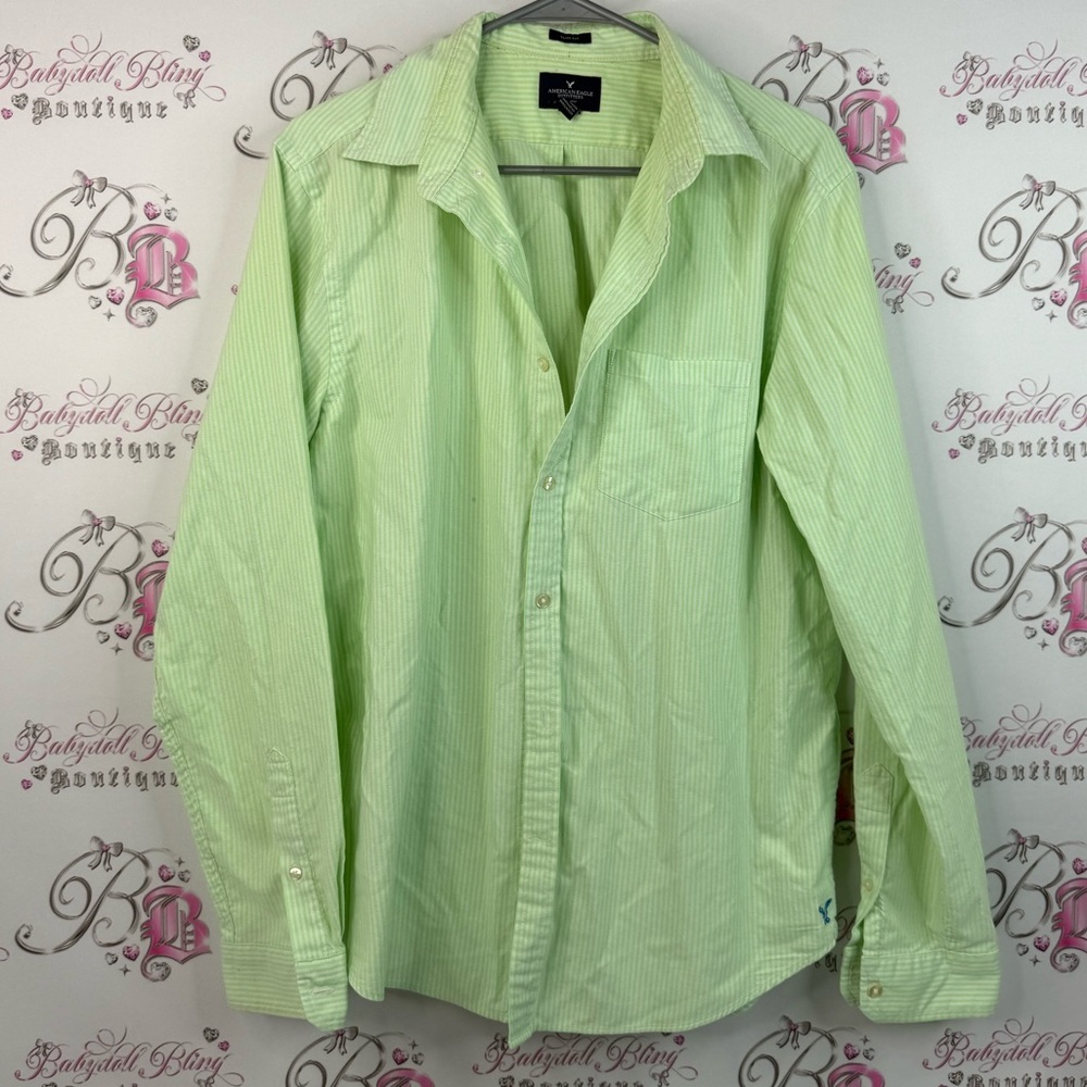 American Eagle Outfitters long sleeve striped Light Green Button Down Shirt
